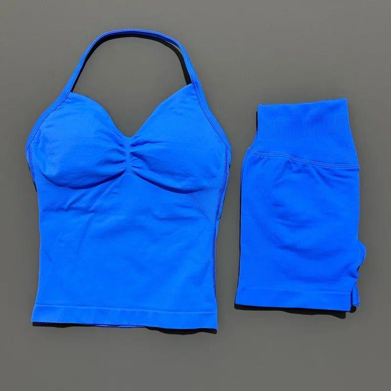 2Pcs HISTELLO Yoga Set Women Halter Tank Top Scrunch Butt Lifting Shorts Ruched Anti Chafe Quick Dry Gym Workout Sports Set