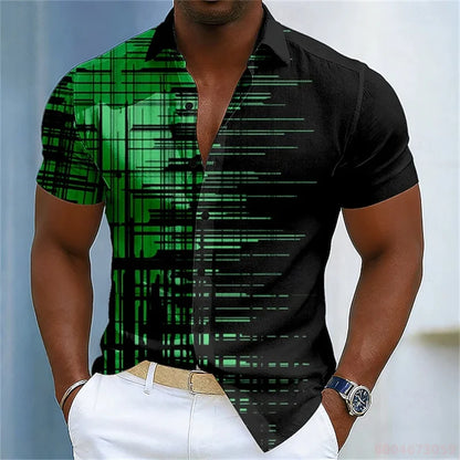 Men's color-blocked abstract striped short-sleeved shirt, summer fashion casual men's shirt, Hawaiian shirt, sizes XS-6XL.