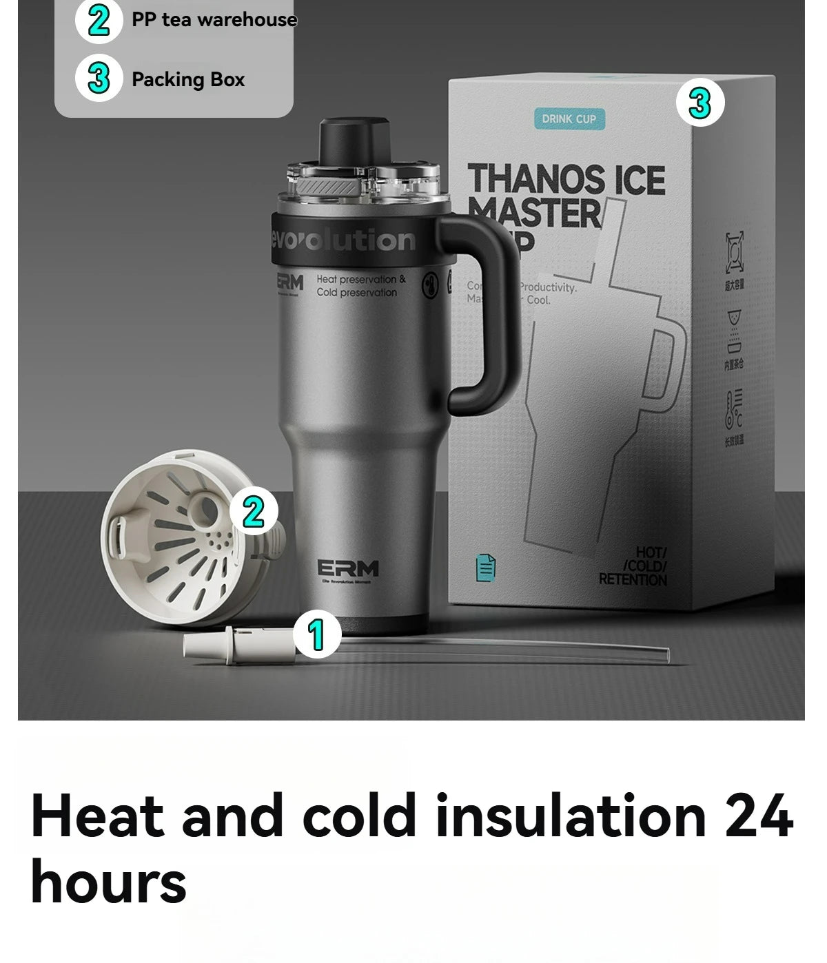 1200ML Extra Large Tumbler Ceramic Drinkware Stainless Steel Water Bottle Insulated Vacuum Flask Straw & Handle Leakproof Mug