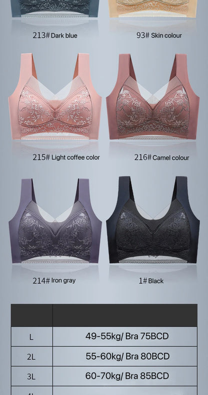 Plus Size Bra - Women's Lace Padded Comfort Bra With Ice Silk Fabric, Wire Free Support