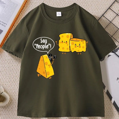 Funny Cute Cheese Print T Shirt Men Women Cuasal Cotton Short Sleeve Round Neck Tshirt Streetwear Loose Soft T-shirt Clothing