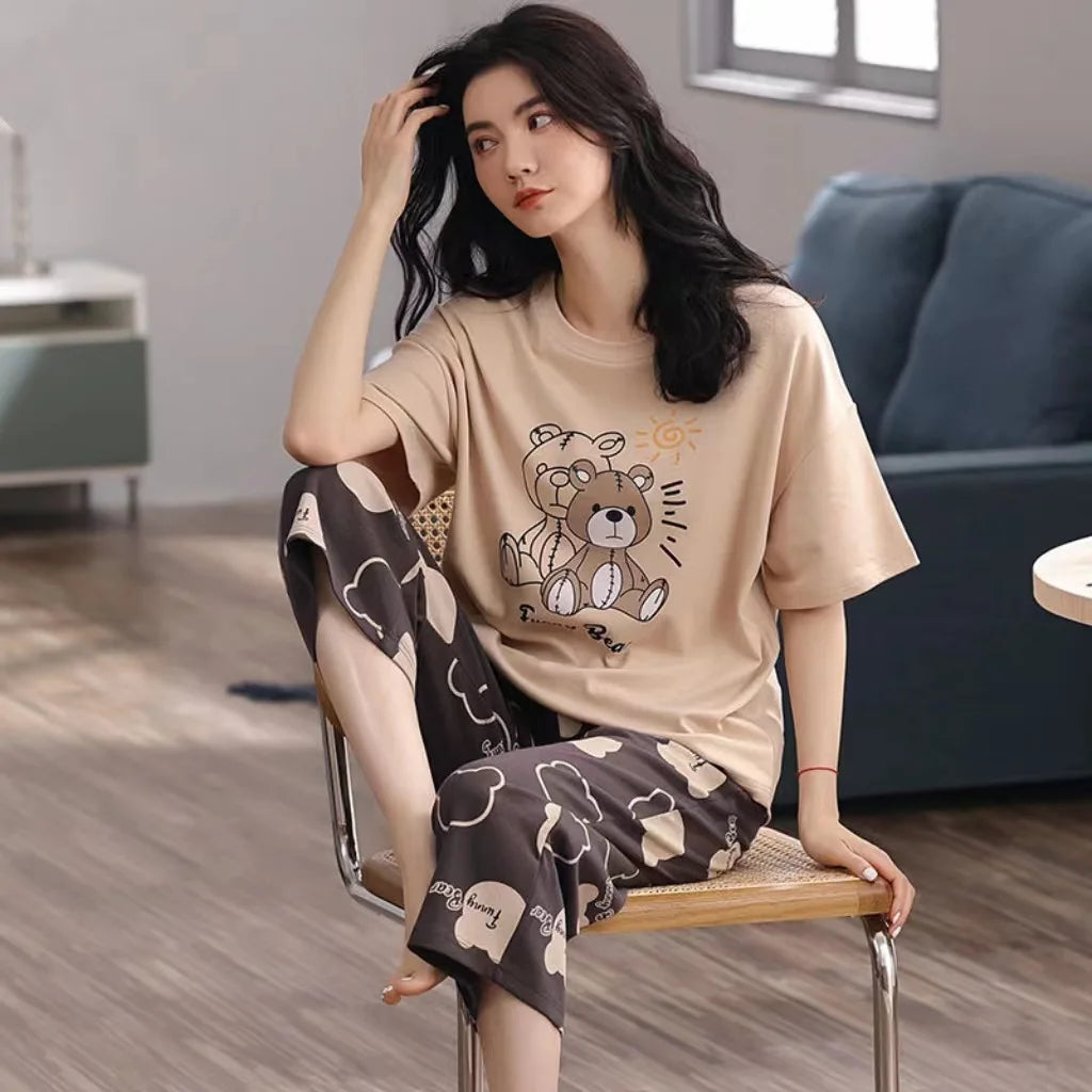 Women's Summer Pyjamas: Short-Sleeved Top and Cropped Trousers, Plus Size, Boho-Chic Checked Set, Loungewear, Women's Underwear