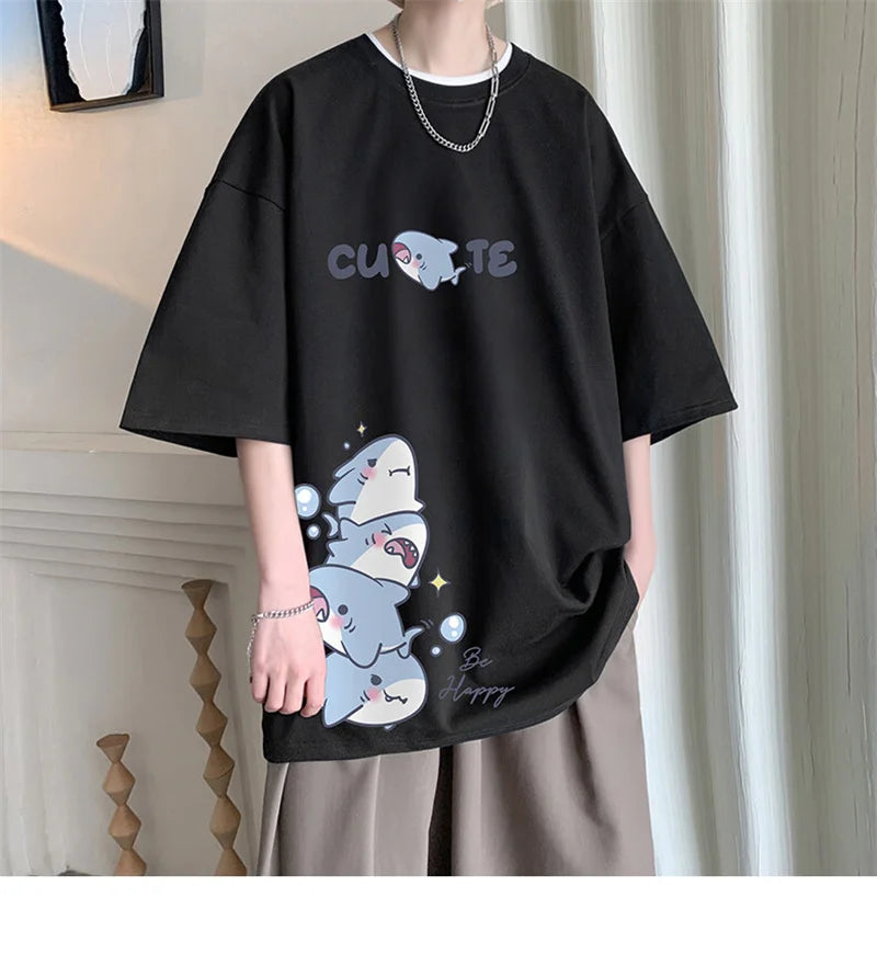 Men's Cotton T-shirts White Men Oversized T Shirt Anime Shark Print Summer Casual Wear 5XL Tee Shirts Big Size Male Clothes