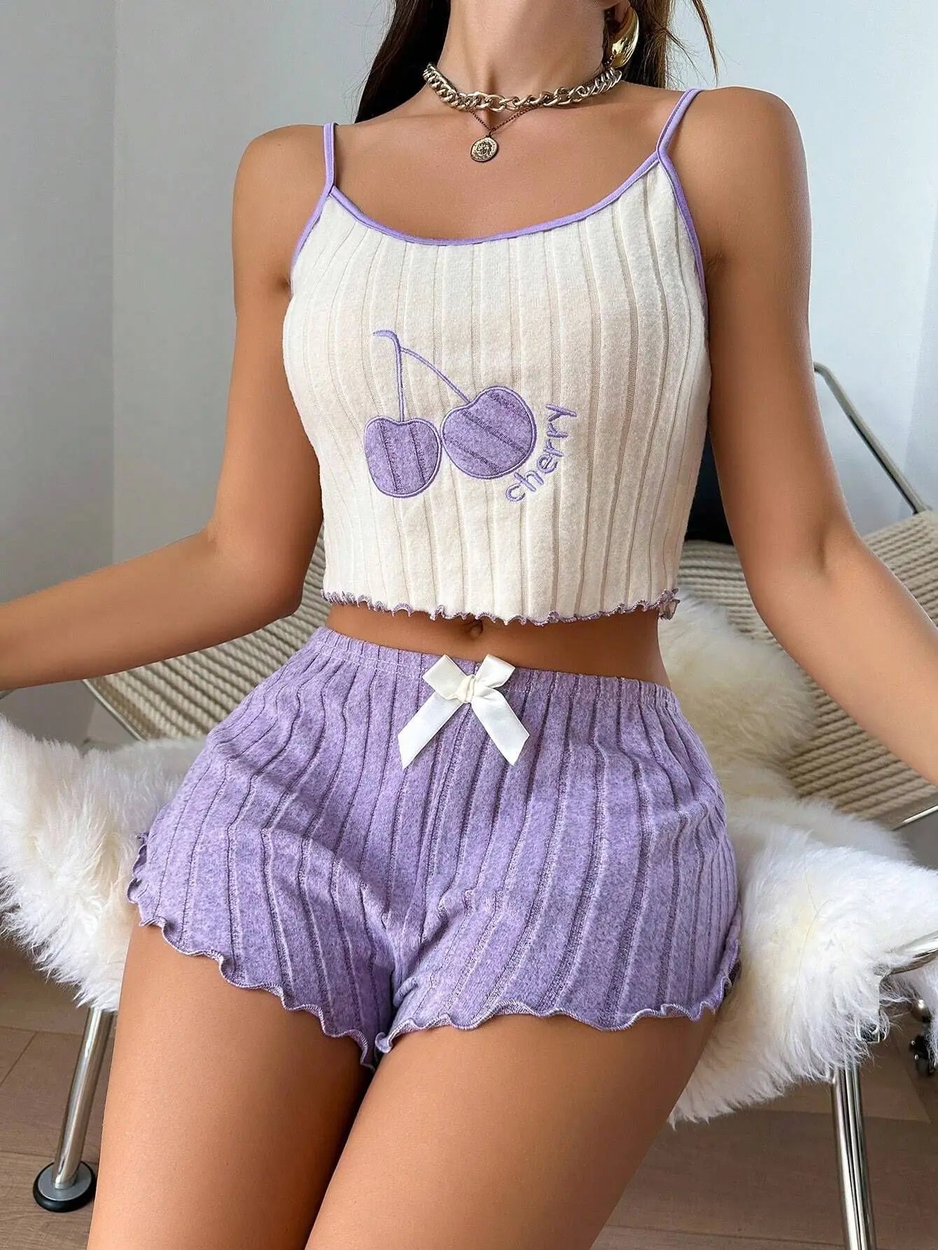 New Womens Summer Brushed Pajama Set Cute Y2K Embroidered Cherry Ribbed Cami Top Ruffle Shorts Two Piece Loungewear Sleepwear