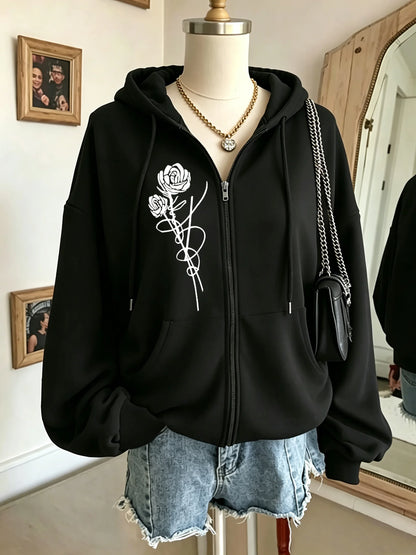 Roses And Positive Short Sentences Printing Zipper Hoodies Women Autumn Korean Hoodie Loose Pocket Sportswear Fleece Clothing