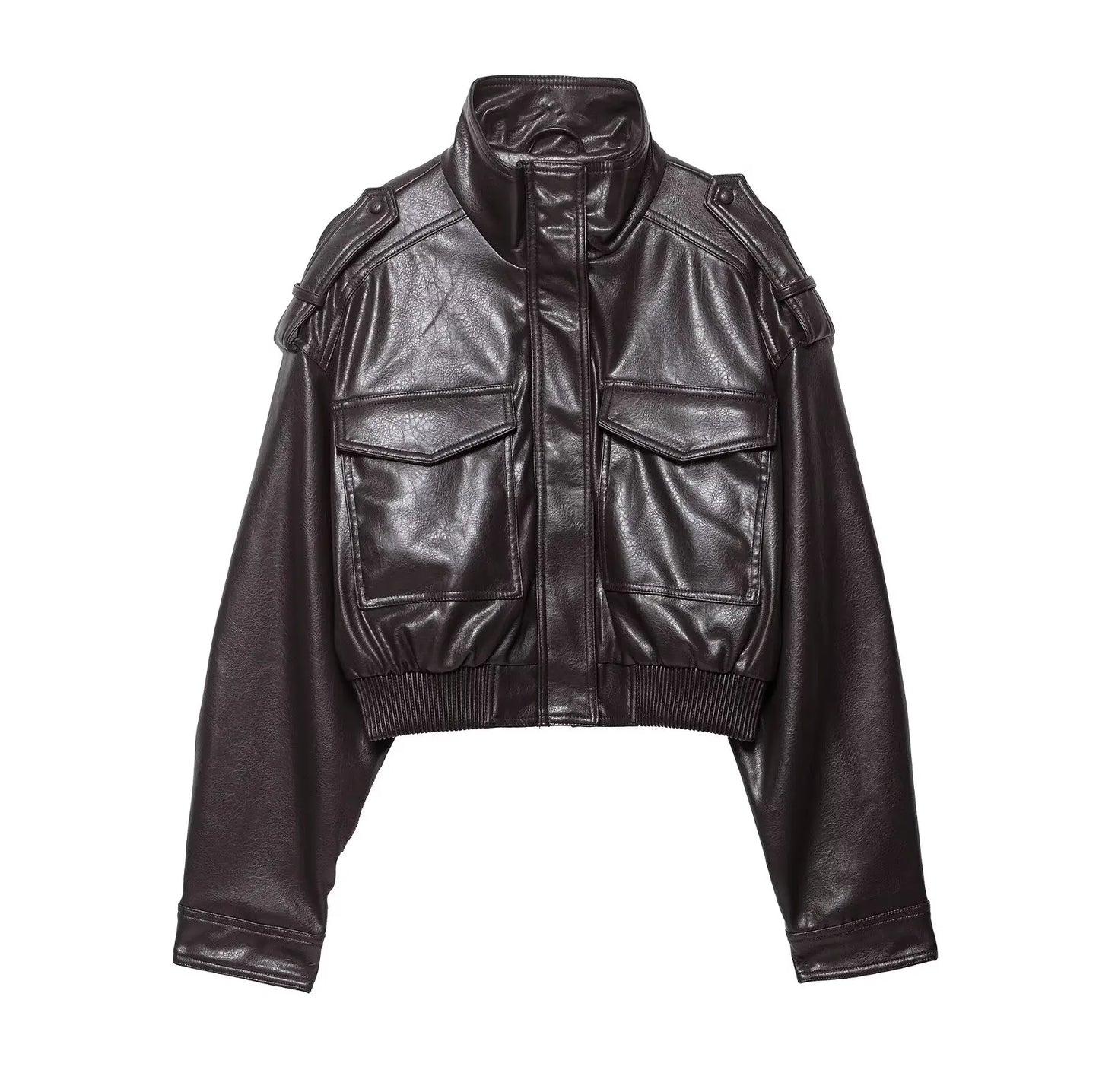 Faux Leather Jackets - Women's Casual Zipper Outerwear Coats With Turtleneck Collar
