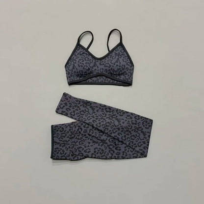 2 Pcs Fitness Sets Women Leopard Print Contrast Edge Removable Pad Bra Breathable Squat Proof Pants Suit Sports Workout Set