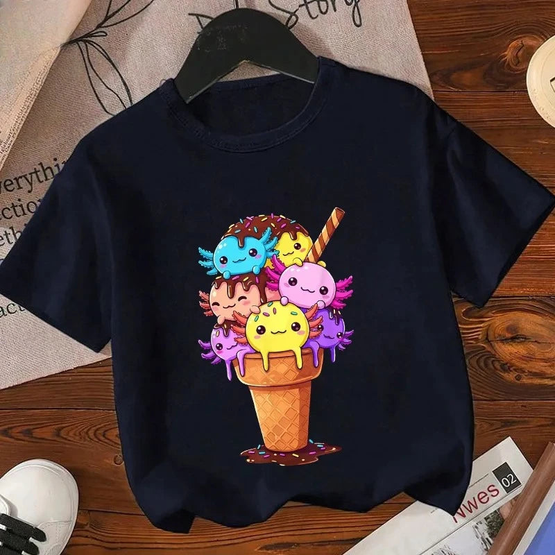 Axolotl Kawaii T Shirt Kid Summer Fashion T Shirt Children Streetwear Boba Axolotl Anime Casual Child Clothing Bithday Tshirts
