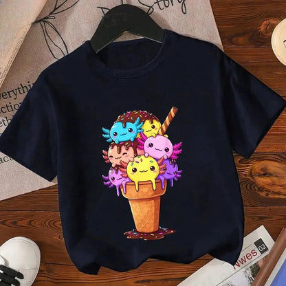 Axolotl Kawaii T Shirt Kid Summer Fashion T Shirt Children Streetwear Boba Axolotl Anime Casual Child Clothing Bithday Tshirts