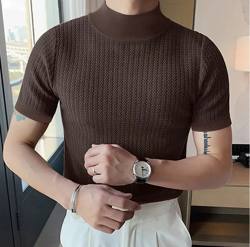 Men's High Neck T-Shirt – Casual Summer Knitted Base Tee | Breathable Polyester Top