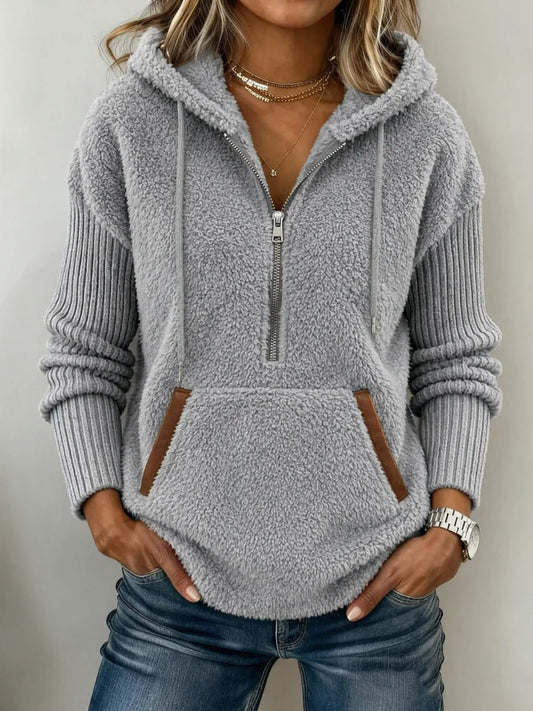 Women's Fuzzy Fleece Hoodie, Gray Plush Long Sleeve Half Zip Pullover Sweatshirt with Drawstring Hood and Front Pocket, Casual Winter Top