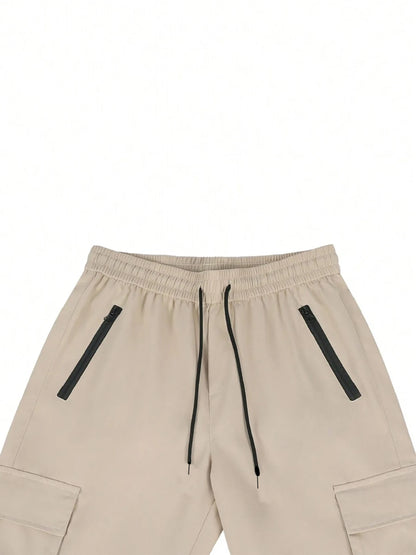 Men's 3/4-Length Cargo Shorts — Woven Twill Fabric, Multi-Pocket Casual Trousers. Non-Stretch Adult Apparel for Summer