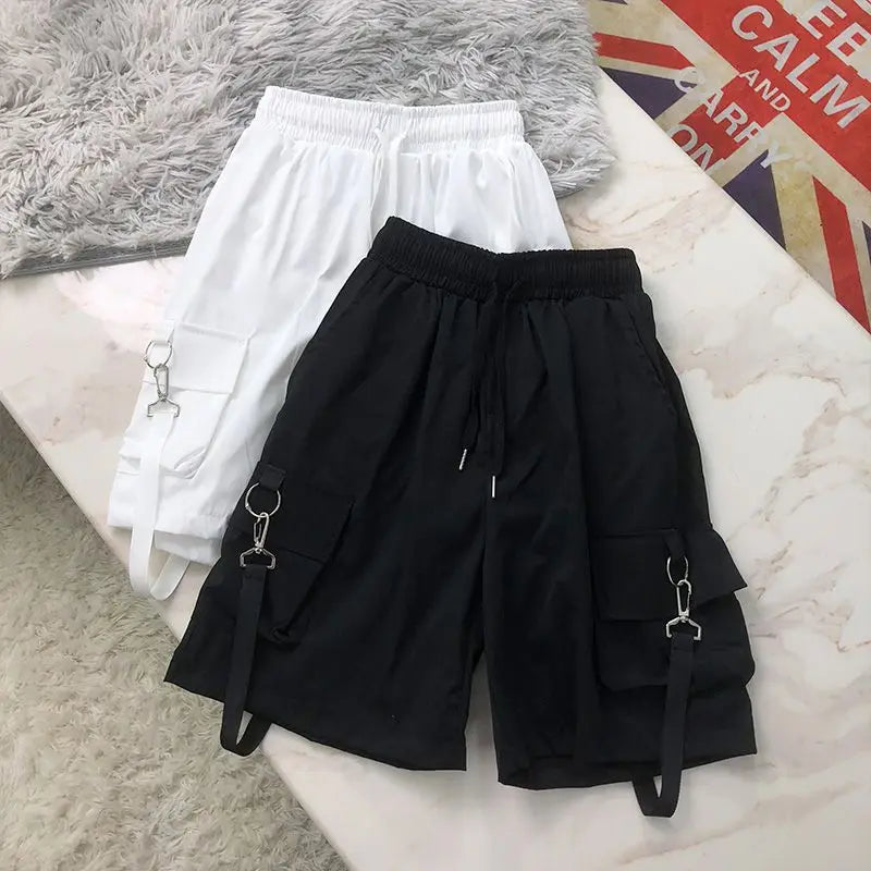 Summer Cargo Shorts Women Y2K Harajuku Streetwear Hip Hop with Chain Shorts Bf High Waist Baggy Wide Leg Short Pants New