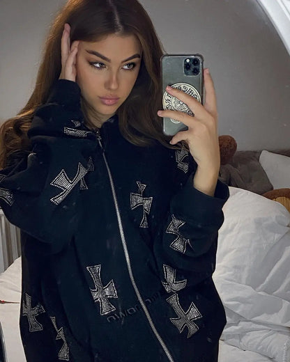 Rhinestone Full Zip Hoodie Goth Sweatshirt Pull Long Sleeve Black Hoodies Y2k Fashion Men's Women's Sport Jackets Coats New 2023