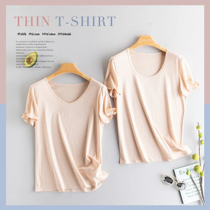 Women's V-Neck T-Shirt – Silk-Linen-Cotton Solid Summer Tee