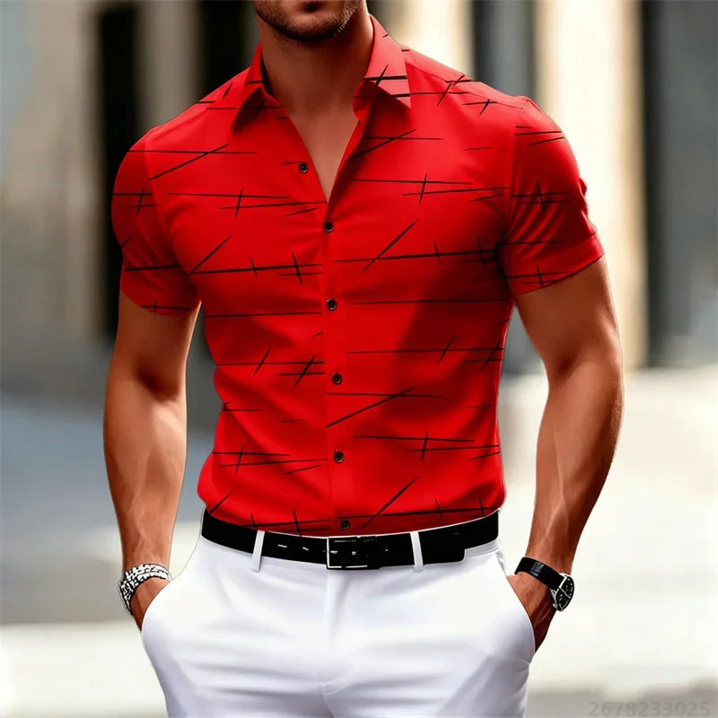 18 Colors 2026 New Men's Fashion Geometric Line Print Short-sleeved Shirt Urban Casual Style Slim Lapel Shirt Comfortable Fabric