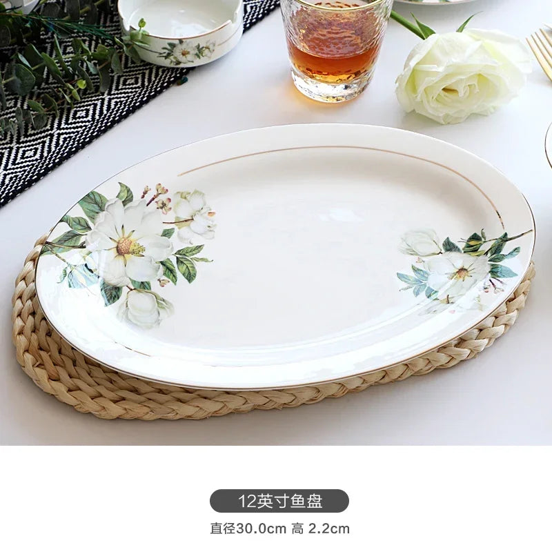 Bone China Dinnerware Set - Floral Ceramic Plates Bowls  Soup Pots