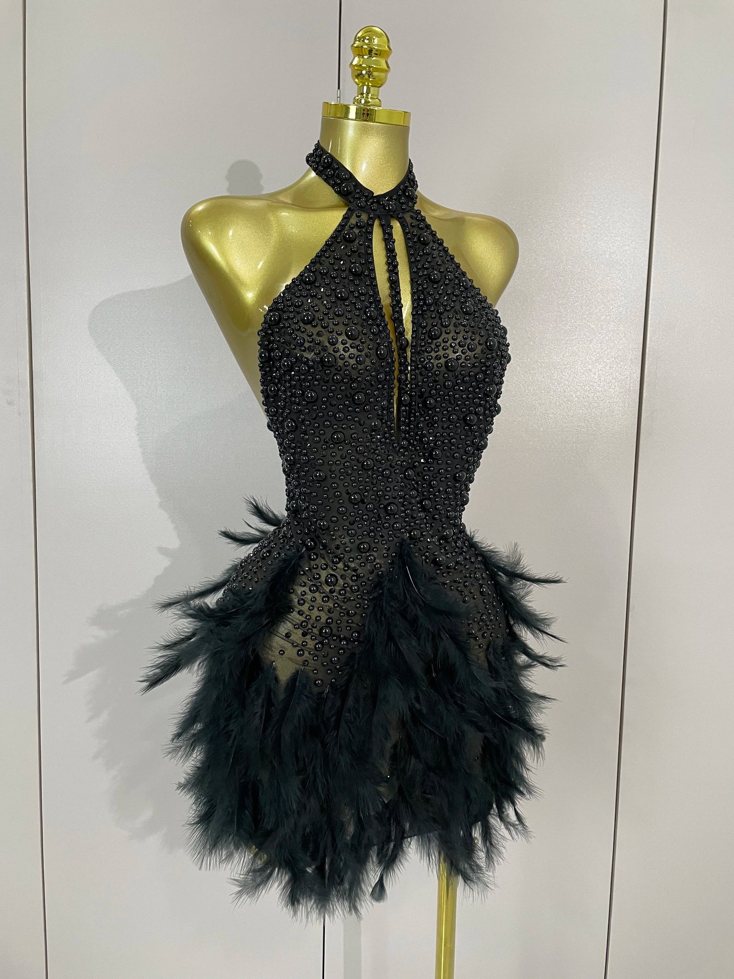 Backless Halter Dress - Women's Party Mini Sheath With Rhinestone & Feather Details