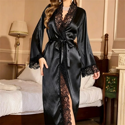 1 Piece Women's Ice Silk Satin Glossy Robe Pajamas Plus Size Nightgown Elegant Lace Homewear Fashion Casual Loungewear