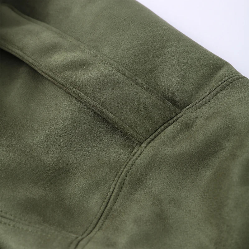 Vintage Suede Green Bomber Jacket Women Loose Lapel Full Sleeve Zipper Commute Coat 2025 Autumn Lady High Street All-match Coats