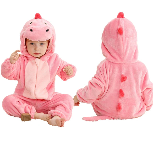 Baby Winter Rompers - Soft Polyester Hooded Jumpsuit With Animal Pattern, Machine Washable