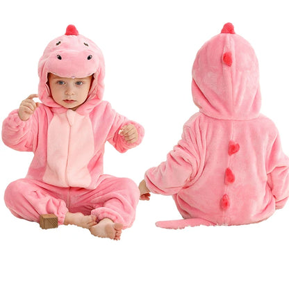 Baby Winter Rompers - Soft Polyester Hooded Jumpsuit With Animal Pattern, Machine Washable