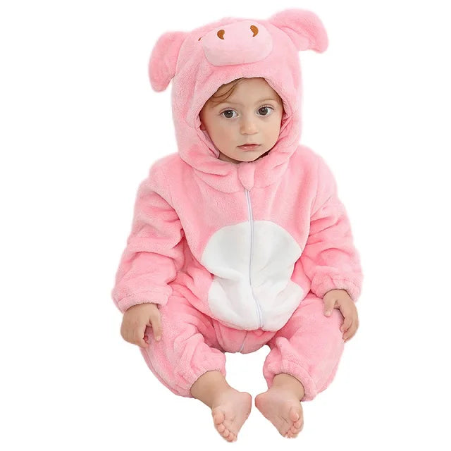 Baby Winter Rompers - Soft Polyester Hooded Jumpsuit With Animal Pattern, Machine Washable