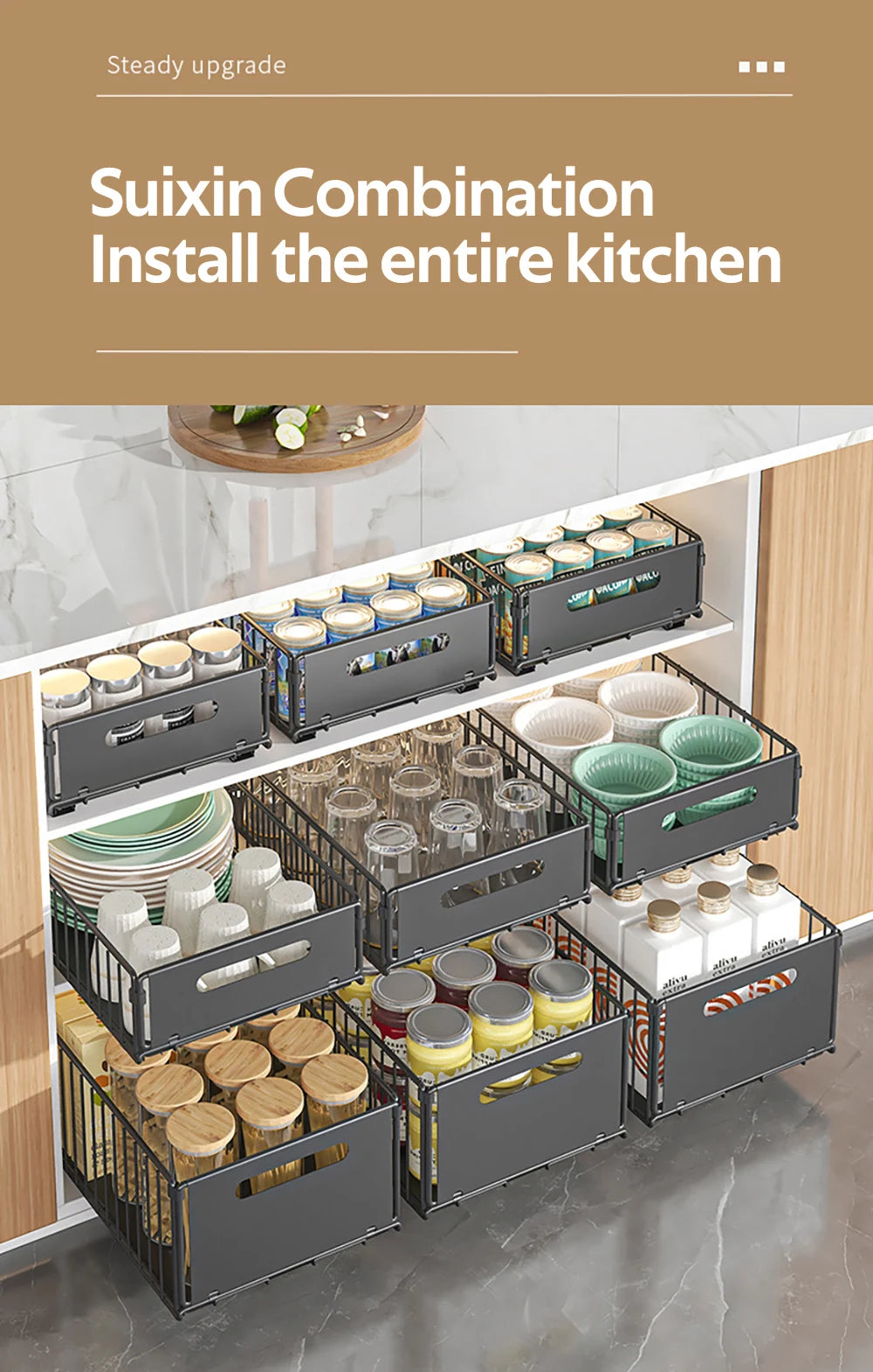 Pull-Out Kitchen Storage Rack - Spice Organizer  Drawer Tray - ZOOMNSTORE