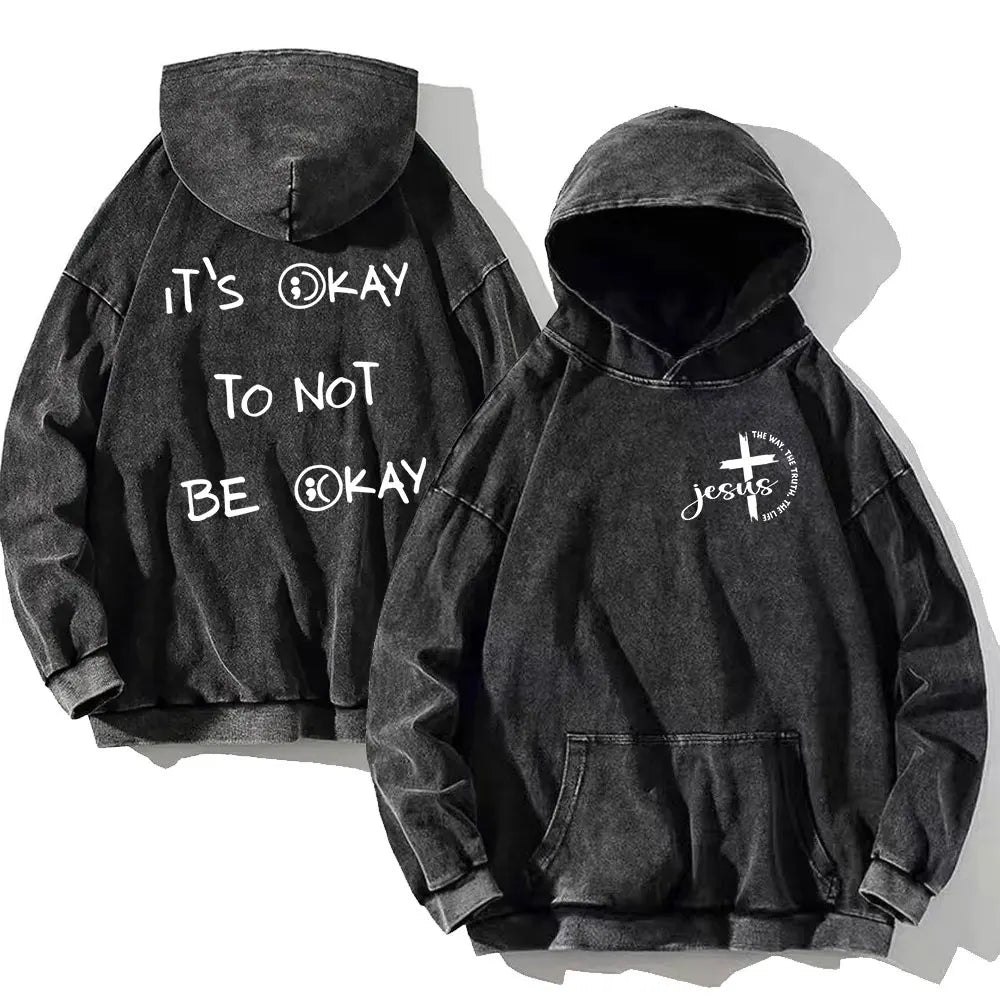 Vintage PSALM 91:11 Print Cotton Washed Hoodie Casual Hip Hop Men Women High Street Retro Hooded Sweatshirt Winter Pullover