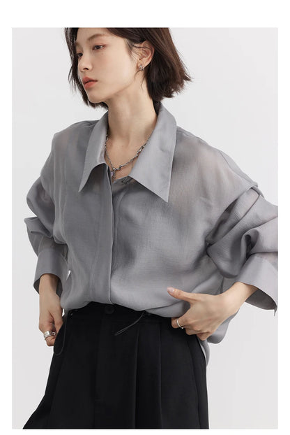 CHIC VEN Women Thin Shirt Long Sleeve Casual Loose Slightly Transparent Cool Blouses Woman Solid Design Female Top Summer 2026