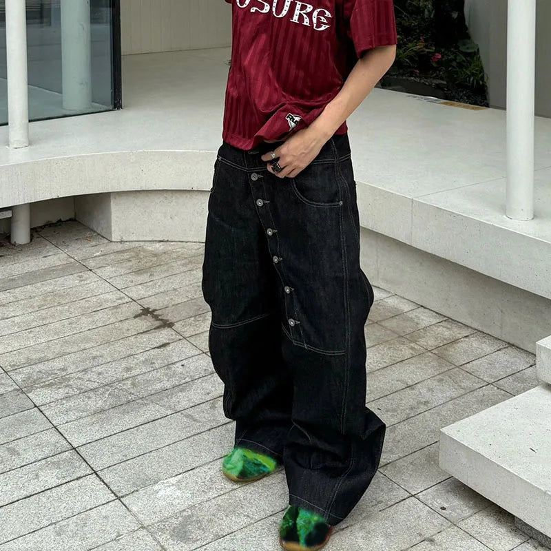 Korean High Street Buckle Curved Jeans Autumn Men'S Loose Straight Leg Pants Black Wide Leg Pants Casual Pants Hip-Hop Pants