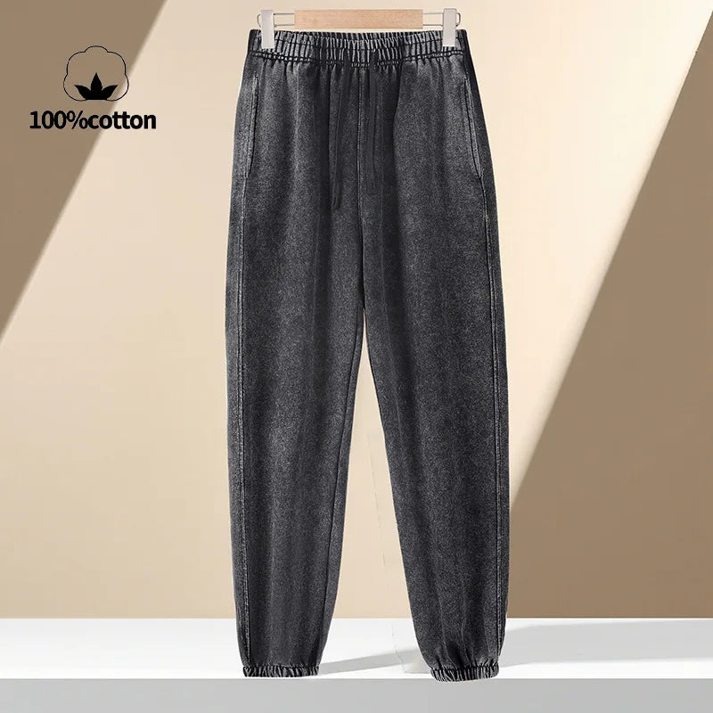 350g Water-Washed Distressed Loose Fit Casual Sweatpants with Ankle Ties - Retro American Style for Autumn/Spring