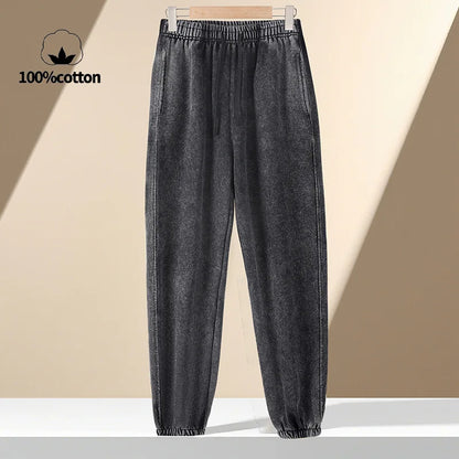 350g Water-Washed Distressed Loose Fit Casual Sweatpants with Ankle Ties - Retro American Style for Autumn/Spring