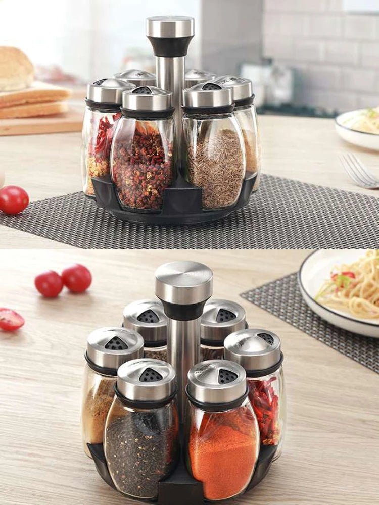 Rotating Spice Jar Set - Glass Seasoning Organizer with Rack for Kitchen Storage