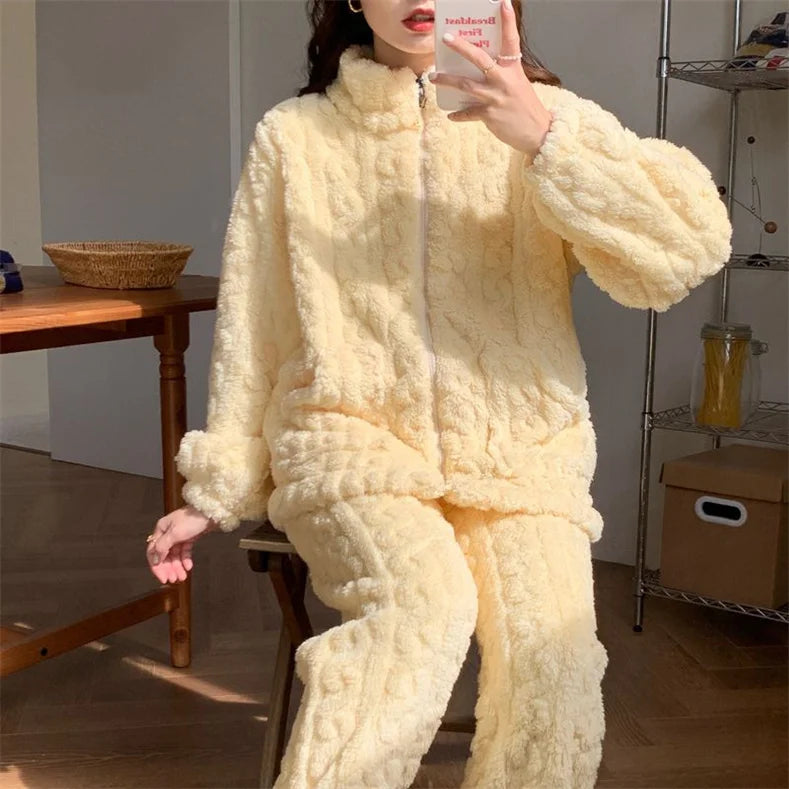 Autumn Winter Sweet Coral Fleece Pajamas Women Fleece-lined Thickened 2023 New Zip-up Flannel Warm Home Wear Set