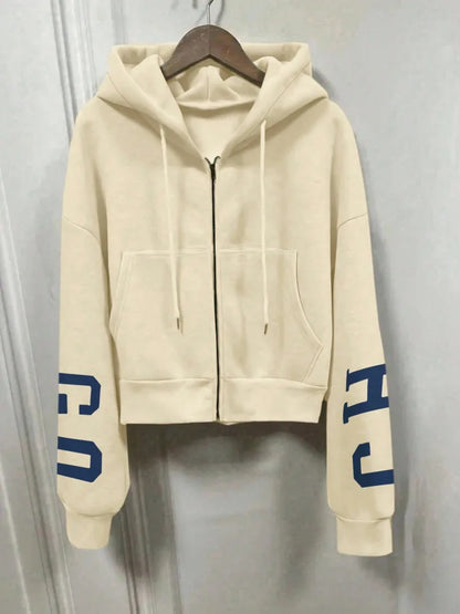 Women Y2K Crop Zip Up Hoodie Letter Print Oversized Long Sleeve Hooded Sweatshirt Casual Streetwear Short Jacket Outerwear