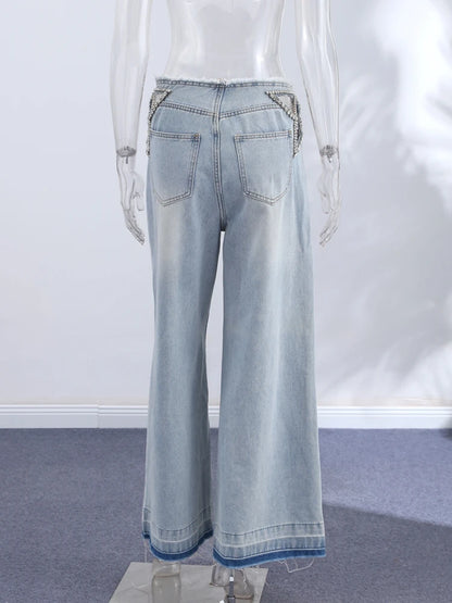 Women Low Waist Jeans Star Rhinestone Pants Cut Out Wide Leg Trousers Light Wash Distressed Denim Pants Street Woman Clothes