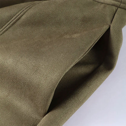 Vintage Suede Green Bomber Jacket Women Loose Lapel Full Sleeve Zipper Commute Coat 2025 Autumn Lady High Street All-match Coats