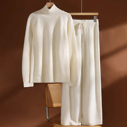 Autumn Winter Women's Sequins 100% Wool Knitted Turtleneck Pullover Sweater Wide Leg Pants Set Thick Casual Cashmere Knit Set