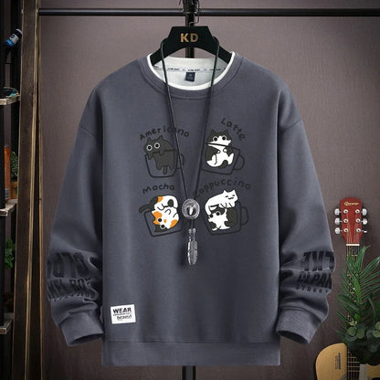 Spring Men's Sweatshirt Japan Cartoon Cats Printed Long Sleeve T-shirt Fashion Men's Clothing Khaki O Neck Harajuku Top 2024 New