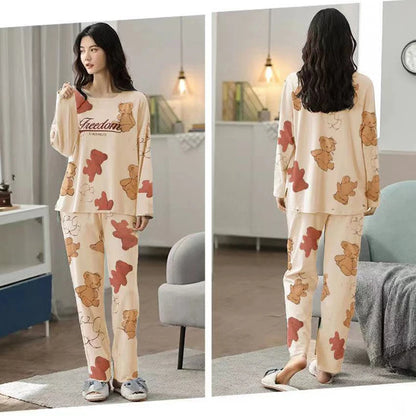 Fall and Winter Women's Suit Pajamas Long-Sleeved Long Pants Homewear Two-Piece Set Ladies Cartoon Pattern Sleepwear Loungewear