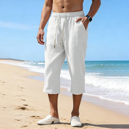 Summer Men Linen Capri Pants Drawstring Waist Loose Solid Color Casual Trousers For Daily Beach Vacation Outdoor Travel Wear