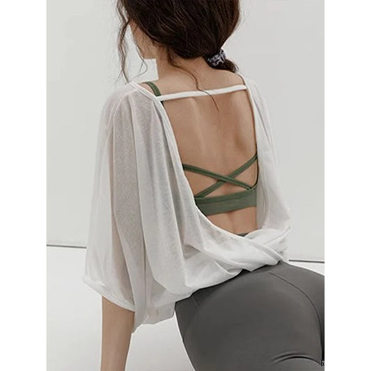 2026 Newly Summer Oversized T-Shirt Women Backless Sexy Cut Out Streetwear Tees Yoga Tops Jogger Running Shirts Blusa Feminina