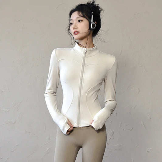 Women Sports Jacket - Long Sleeve Zip Fitness Shirt With Turn-Down Collar