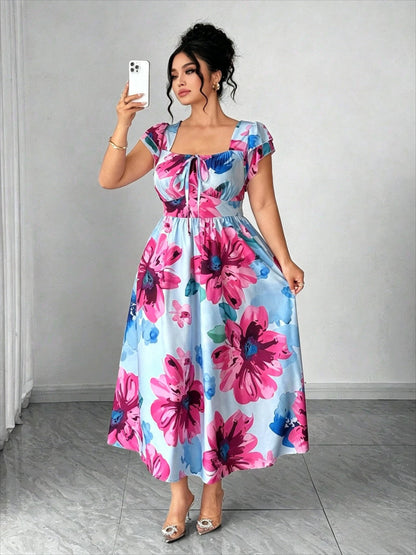 Plus Size Women's Elegant Blue Printed A-Line Dress, Slim Waist Fitted Casual Mini Dress for Daily Dating