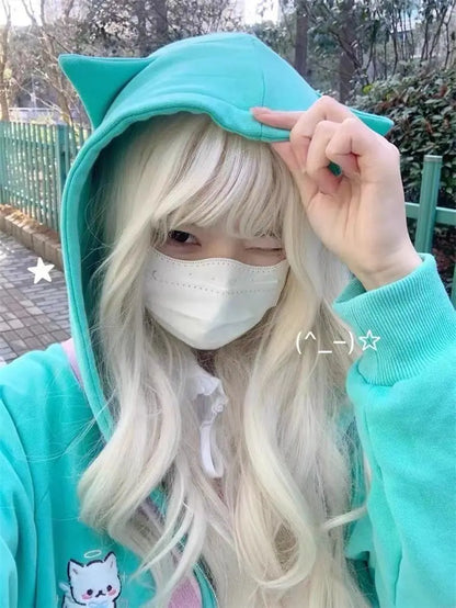 Zipper Hoodie Gothic Cartoon Kawaii Cat Ear Y2k Jacket Zip Up Thin Coat Spring Autumn Cute Core 2000s Clothes Fall Sweatshirts
