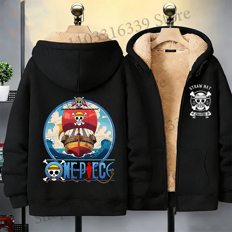One Piece Man Thick Hooded Jacket Woman Winter Keep Warm Coat Anime Luffy Print Fleece Jacket Thermal Long Sleeve Hooded Clothes