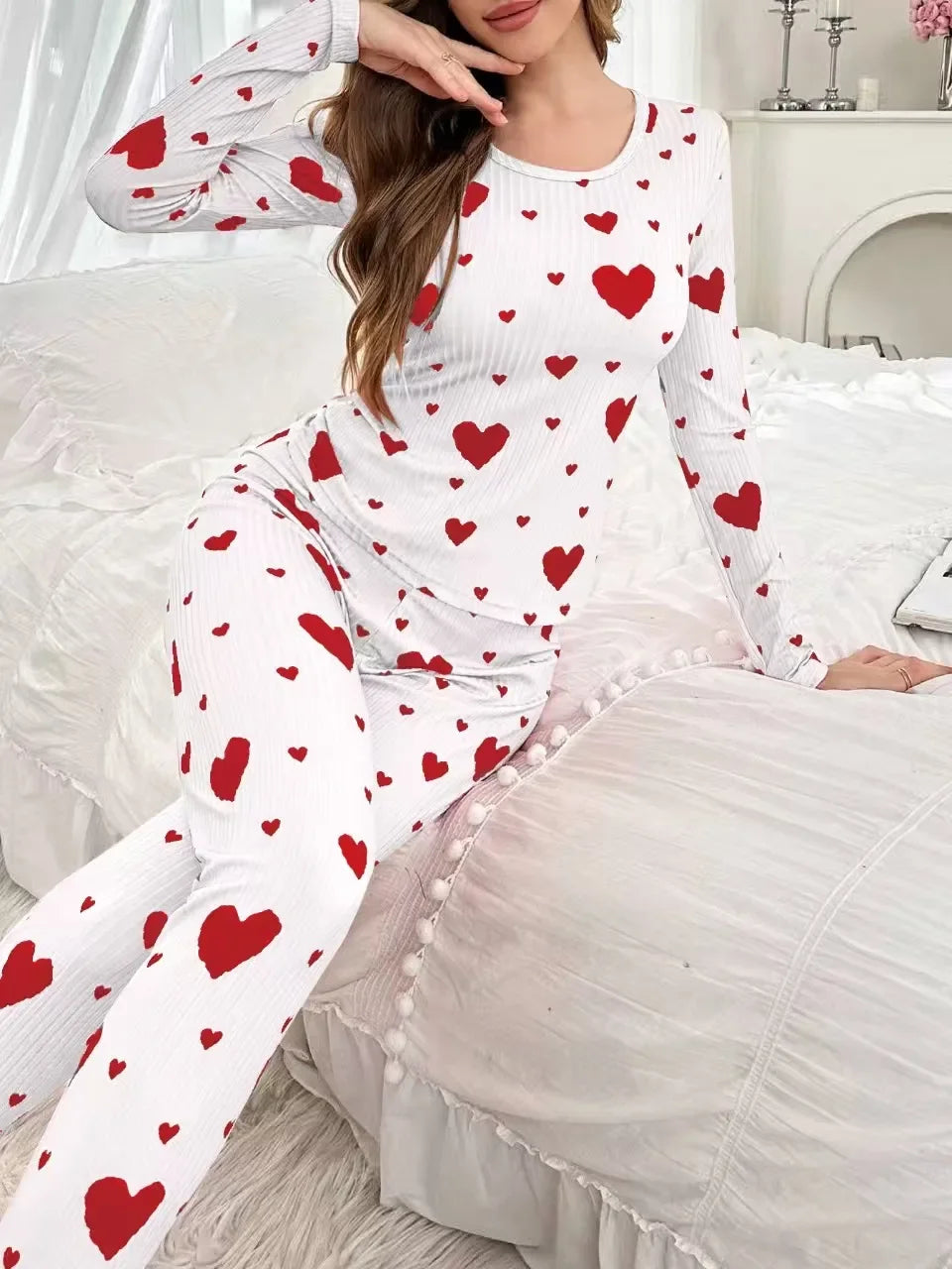 Women's Autumn Winter Pyjama Set, Heart Print Long Sleeve T-shirt and Long Pants Set Loungewear Female Sleepwear