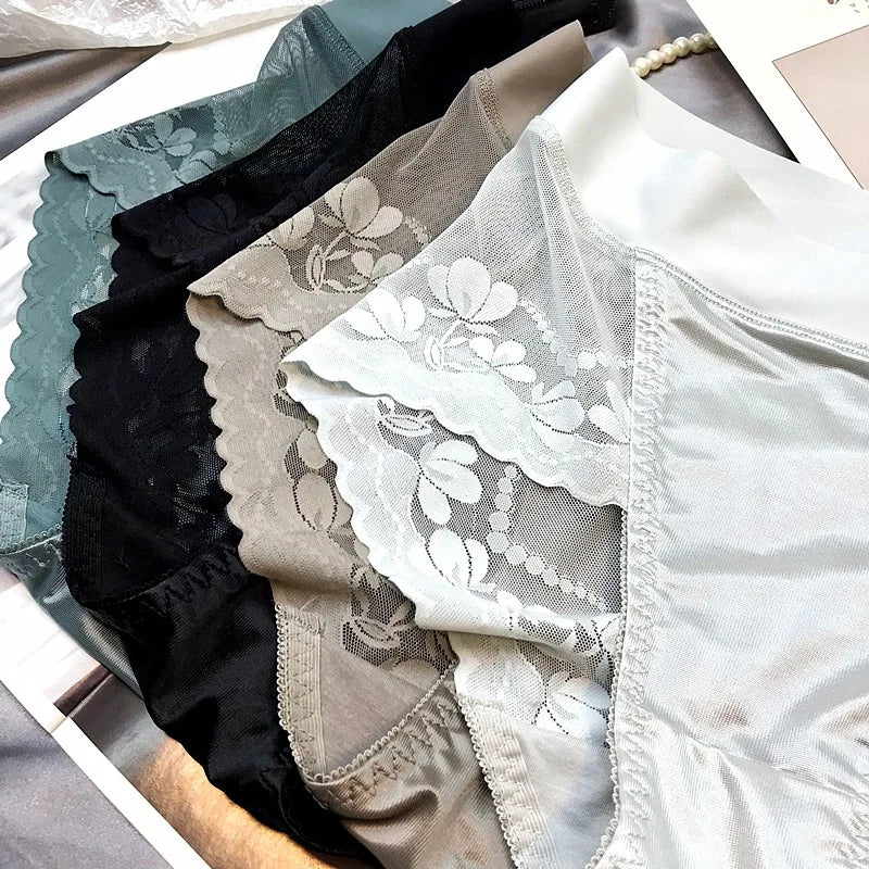 Women Luxury Satin panties Tummly control summer Sexy Lace briefs High waist Plus size Cotton crotch Breathable Underpants Linge