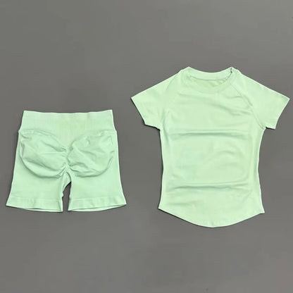2 Pieces Sports Gym Sets Women Seamless Knitted Yoga Short Sleeve Top Fitness Set Workout Running Sports Short Leggings Suit
